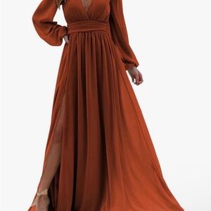 Burnt Orange Long Sleeve V Neck Formal Dress with Leg Slit